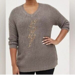 Torrid Gray Chunky Pullover Tunic Sweater Gold Beaded Lightning Bolt size 1 X